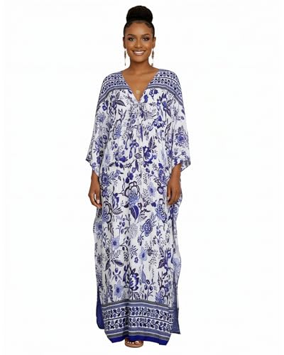 Blue Print Kaftan Dress for Women Floral Plus Size Cover Up - MooMoo
