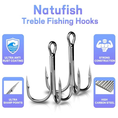 Treble Fishing Hooks - 4X Strong, Sharp Barbed, 25 Pcs
