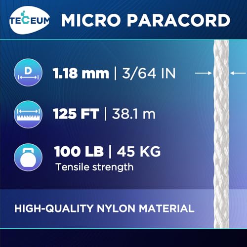 TECEUM White Micro Paracord Rope 1.18mm x 125ft Lightweight Braided Cord
