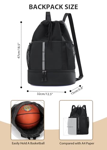 U-helper Drawstring Gym Backpack Black Sports Cinch Sack for Travel & Swimming