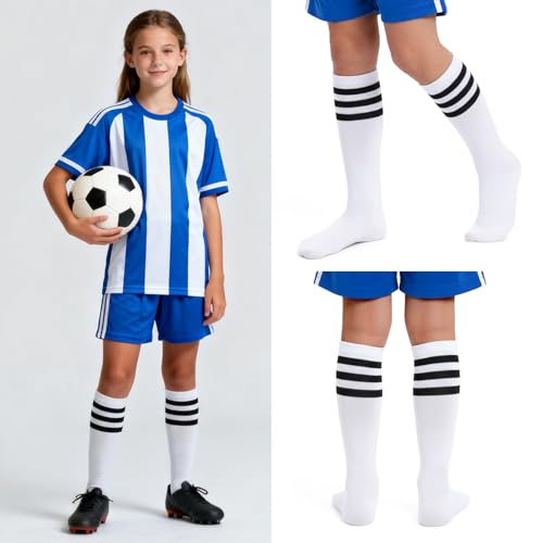 Kids Soccer Socks - Striped Knee High Athletic Socks - White & Black - Ages 6-9