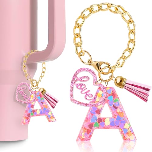 Personalized Letter Charm Keychain for Stanley Cup - A Pink