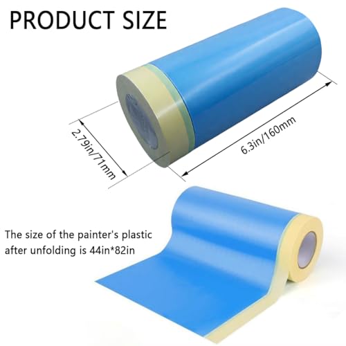 44" x 82' Painters Plastic with Tape, Pre-Taped Masking Film for Spray Painting, Protective Film for Automotive & Home Spray Painting, for Covering Cars, Walls, Windows and Furniture (1, 44" x 82')