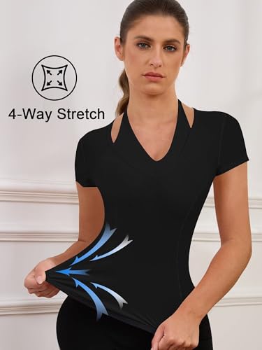 V Neck Slim Fit Workout Tops for Women - Black, Medium