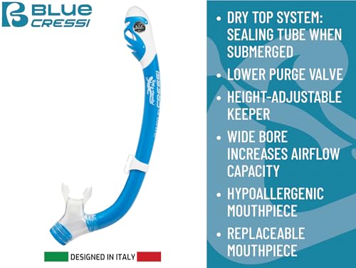 Cressi Iguana Dry Youth Snorkel Ice Cyan/Blue Navy – Dry Top, Splash Guard, Top Valve & Silicone Mouthpiece for Ages 5–15
