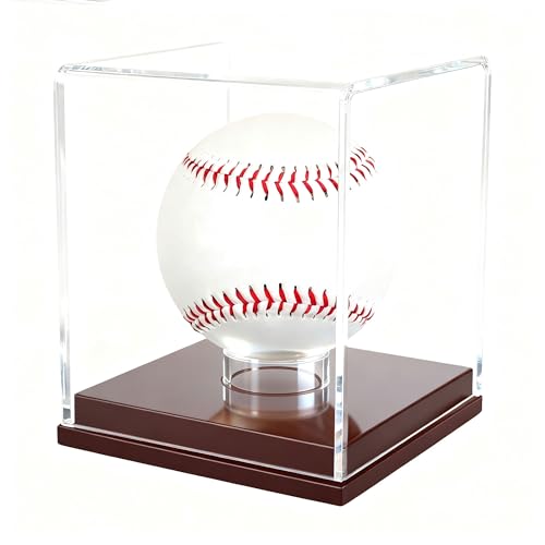 Baseball Display Case - Clear Acrylic Cube with Wooden Base