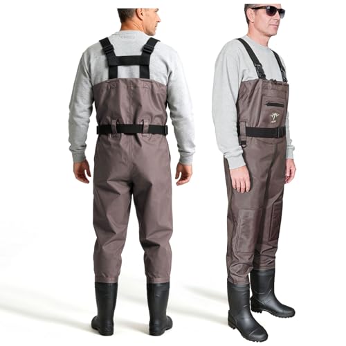 Fiblink 2-Ply Nylon/PVC Chest Waders with Boots, Waterproof Fishing & Hunting Waders (Brown, M9/W11)