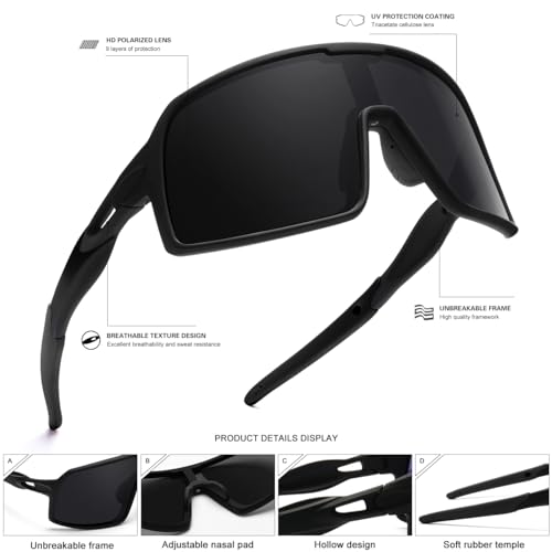 Polarized Sports Sunglasses for Men & Women - Black