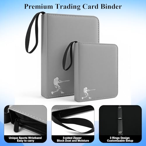 Baseball Card Binder - 900 Capacity PU Leather Zipper Holder - Grey, Medium