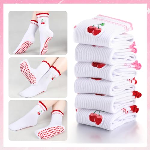 Non-Slip Pilates Grip Yoga Socks - 6 Pairs in Pink, Red, Ruffles