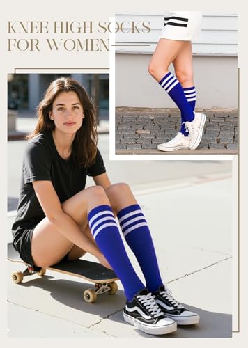 Knee High Striped Socks - Casual Athletic Tube Socks 2 Pack - Blue & White