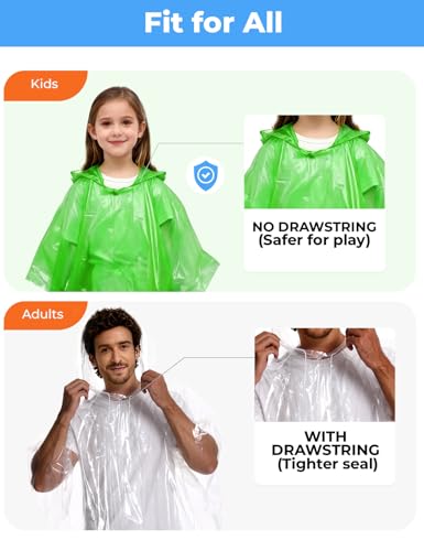 SAIWEYNEE Heavy Duty Rain Ponchos for Adults, Kids & Family - Tear-Resistant Waterproof Hooded Cover (4, 8, 9 & 16 Pack Options)
