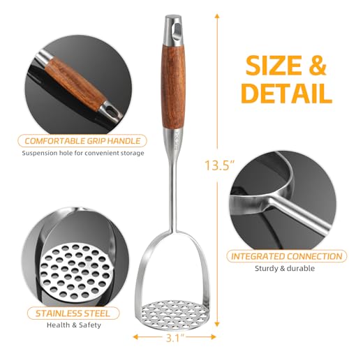 Tuyotue Heavy Duty Stainless Steel Potato Masher with Brown Wooden Handle, Professional Veggie & Meat Mincer