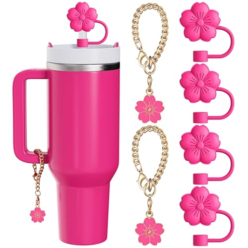 Hot Pink Flower Straw Toppers & Charms Set for Stanley Cup