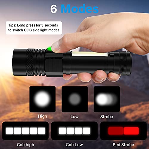 USB Rechargeable Flashlight, LED Magnetic Flashlights Super Bright Tactical Flashlights with Cob Sidelight Waterproof Zoomable 6 Modes USB Rechargeable for Camping Emergency