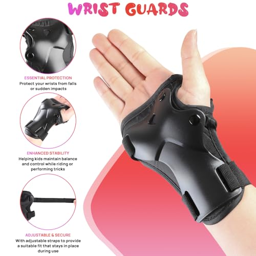 Kids Protective Gear Set - Knee Pads, Elbow Pads & Wrist Guards - Black, Medium