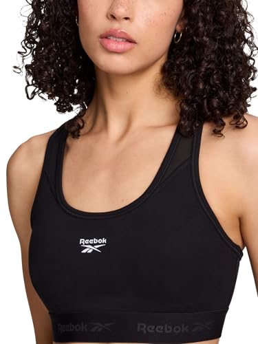 Reebok Women's Medium Impact Sports Bra - Large Black with Removable Cups & Elastic Hem
