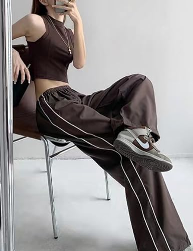 Women's Parachute Pants Wide Leg Baggy Joggers - Y2K Elastic Waist Streetwear - Medium Coffee
