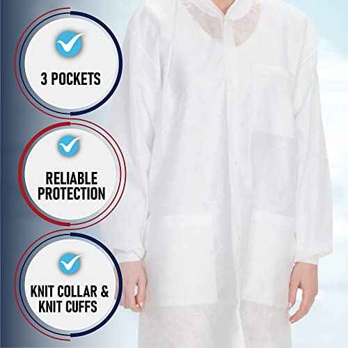 Pack of 10 Disposable Lab Coats - White - With 3 Pockets and Soft Knit Cuffs & Collar | SMS Unisex Knee Length Medical Lab Jacket, For Hospitals, Pharmacies, Labs, Dental Clinics, Painting - Medium