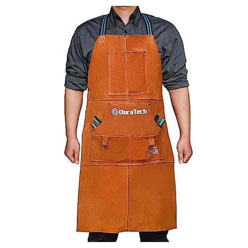 DURATECH Leather Welding Apron, Heat Flame Resistant, 23" x 36" Heavy Duty Work Apron with 6 Tool Pockets, 100% Cowhide Leather