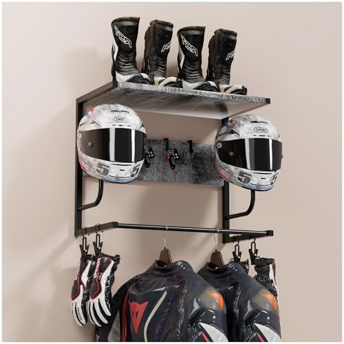 Motorcycle Helmet Holder Wall Mounted, Helmet Holder Wall Mount with Helmet Rack, Motorcycle Helmet Rack for Most of Helmet and Clothes