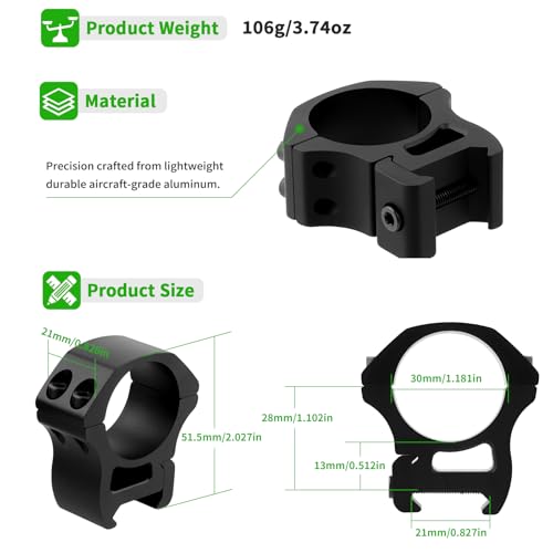 30mm Scope Rings Medium/High Profile 21mm Picatinny Rail Mounts for Rifles, Heavy-Duty 2 Pack