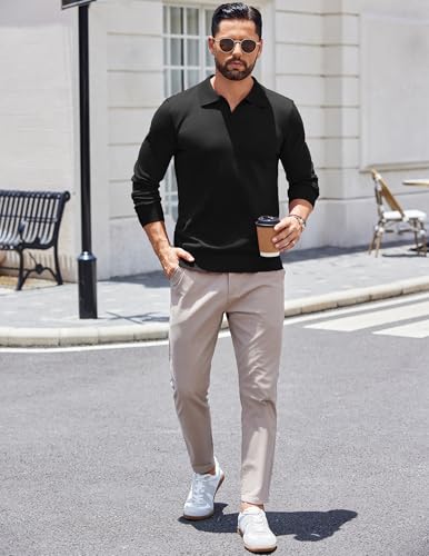 Men's Black Large Long Sleeve Polo Shirt Knit Sweater COOFANDY
