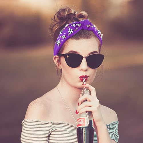 Wide Knotted Soccer Headband for Women - Purple Rhinestone Game Day Accessory