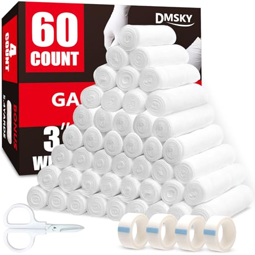DMSKY 3 Inch x 4.1 Yards Gauze Rolls 60 Pack - Breathable Wound Bandage Wrap, Individually Wrapped Medical Gauze for First Aid, Vet & Mummy Wraps