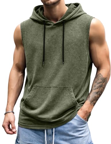JMIERR Men's Green Cotton Sleeveless Hooded Tank Top with Pocket - Large