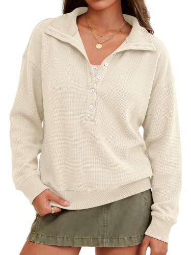 ANRABESS Women's Waffle Knit Henley Sweatshirt - Medium Beige