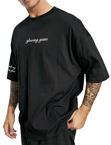 Men's Casual Oversized Workout T-Shirt - Short Sleeve, Large Black