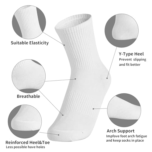 Cushioned Crew Socks for Women and Men - White, Size 8.5-9.5 (12 Pairs)