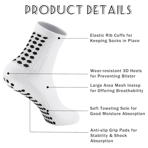 Elfcool Soccer Socks with Grip – 6 Pairs Non-Slip Athletic Socks for Men & Women, White