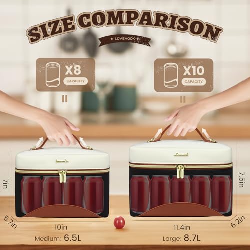 LOVEVOOK Insulated Lunch Cooler Bag for Women - Medium Black with Off White & Brown