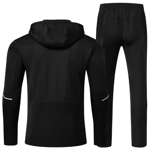BGOWATU Men's Black Large Full Zip Hoodie Tracksuit Set with Pockets
