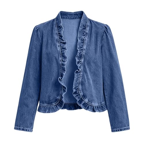 Ruffle Trim Long Sleeve Denim Cardigan - Large, Dark Blue