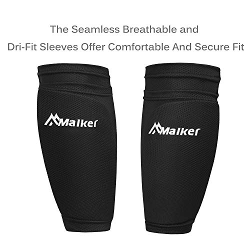 Malker Kids Youth & Adult Black Large Soccer Shin Guards with Sleeves - Lightweight & Protective