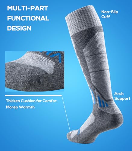 Large Grey Merino Wool Ski Socks for Men Women & Youth - Over-the-Calf Thermal Snowboard Socks