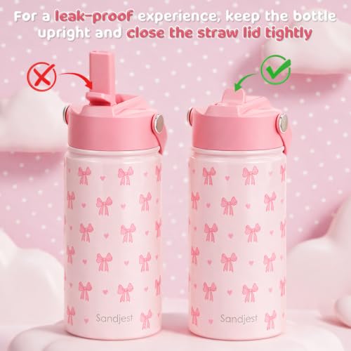 SANDJEST Bow Kids Water Bottle 12oz Insulated Stainless Steel Pink Bow - Variation 1