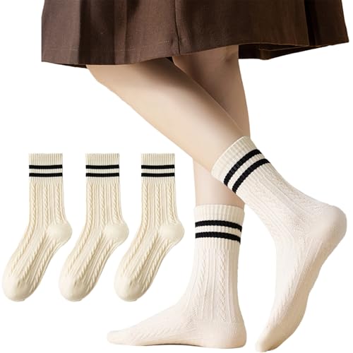 Wool Blend Socks for Women - Soft Breathable Crew Socks, Stripe-3 White