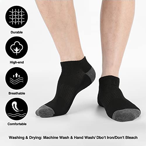 Men's Cushioned Ankle Socks - Low Cut, Breathable, 8 Pairs - Black