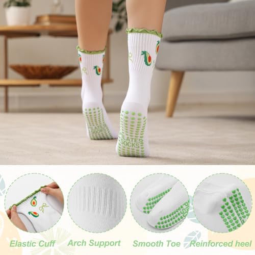 Non-Slip Pilates Grippy Socks for Women - Ruffle Design, 4 Pairs - Red Pink Yellow Green