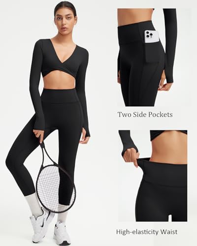 SUUKSESS Women 2-Piece Workout Set with Padded Twist Deep V Crop Top - Small / Black