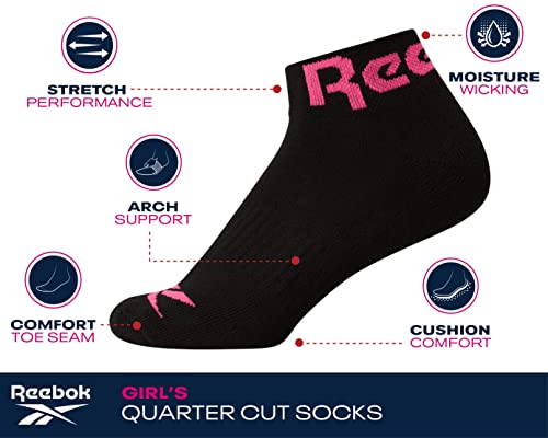 Reebok Girls Quarter Socks 6 Pack - Moisture-Wicking Athletic Socks, Large Pink Multi