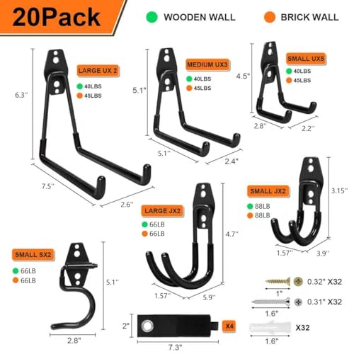 20 Pcs Heavy Duty Garage Hooks ? Garage Wall Hooks for Hanging Ladders, Bikes, Garden Tools, Hose with Anti-Slip Coating