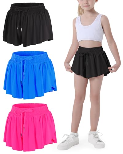 JOCMIC Girls Flowy Shorts 2-in-1 Preppy Butterfly Shorts with Spandex Liner, 10 Years, Black/Navy/Bright Red