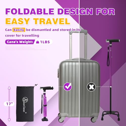 BeneCane Folding Quad Walking Cane with 2 LED Lights, Purple, Adjustable 31.1–37.8 in