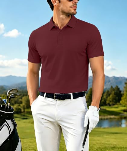 Men's Short Sleeve Performance Polo Shirt - Moisture Wicking Golf Tee, Large Wine Red