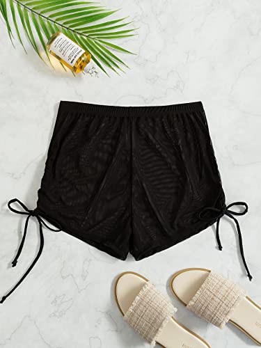 Falainetee Women's Black Medium Mesh Beach Cover Up Shorts - Summer Bikini Bottoms with Drawstring Side